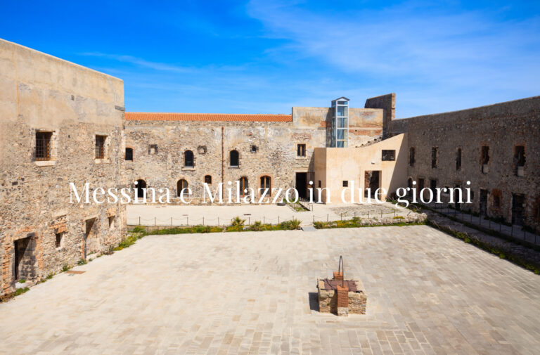 Cortile e mura della cittadella di Milazzo, con il titolo Messina e Milazzo in due giorni.